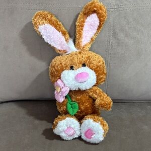 Plush Bunny Holding Pink Flower - Soft Brown & White